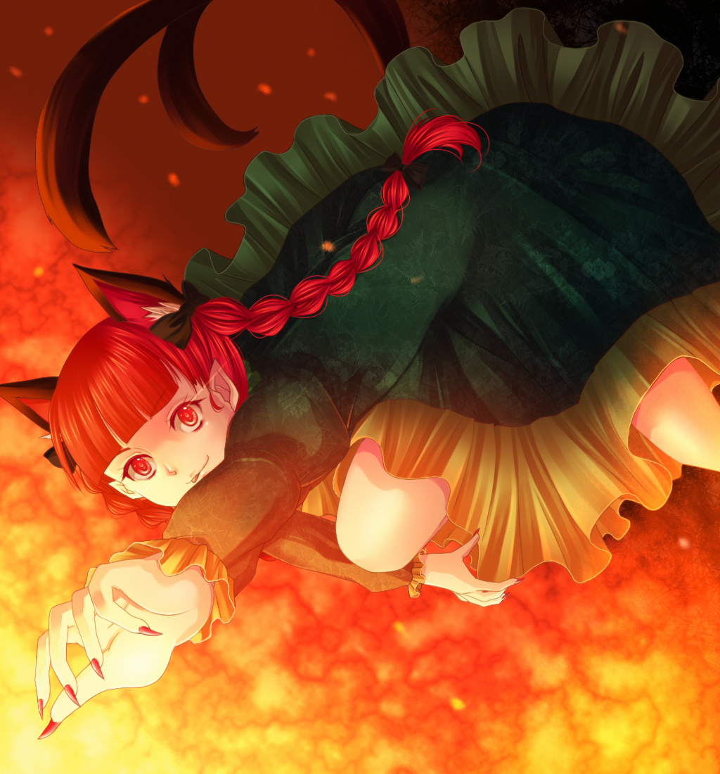 braid cat_ears cat_tail claws dress extra_ears fingernails fire kaenbyou_rin long_fingernails multiple_tails nail_polish red_eyes red_hair tail touhou twin_braids twintails yuha_(yh-krm)
