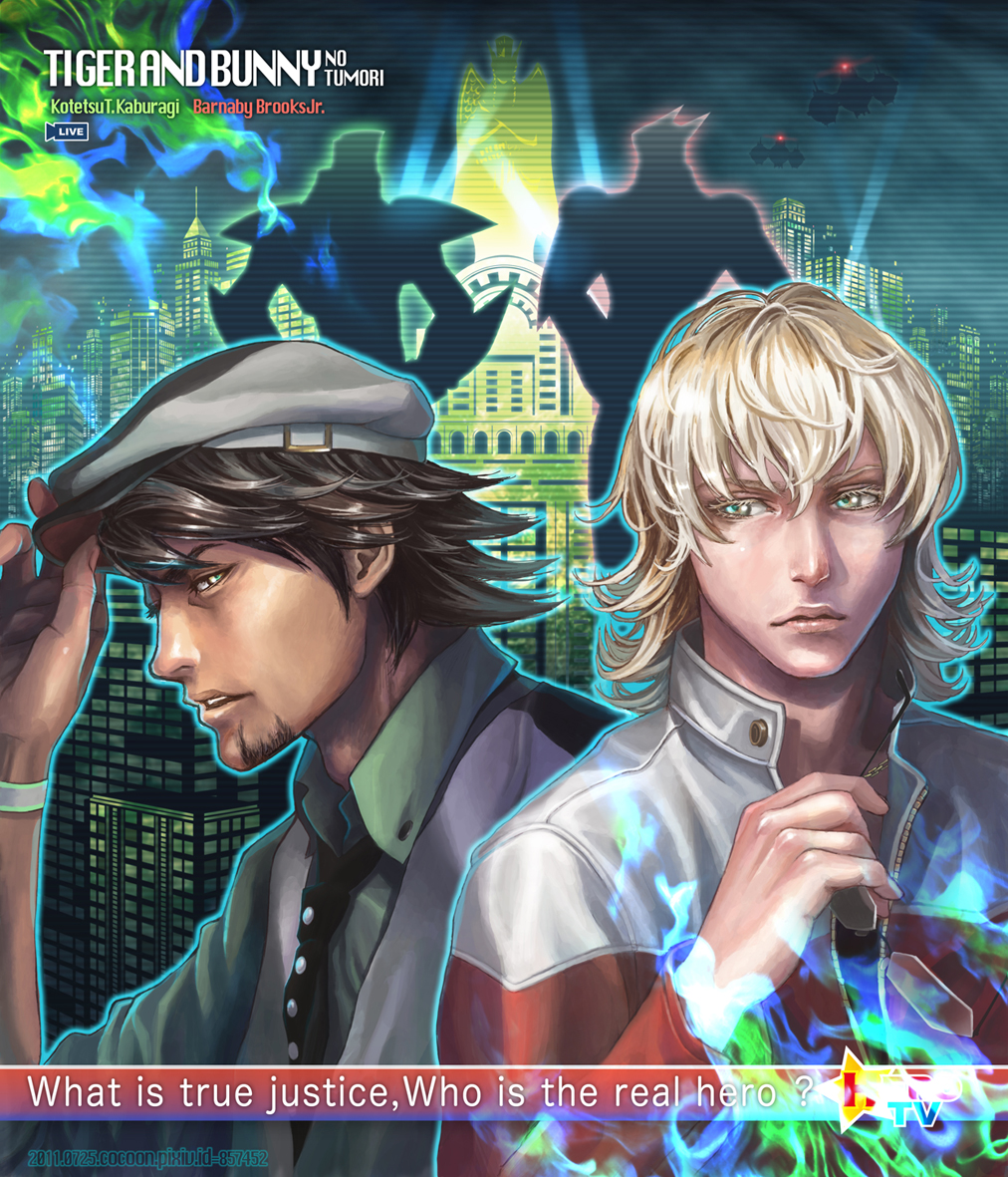 adjusting_hat barnaby_brooks_jr blonde_hair blue_fire blue_flame brown_eyes brown_hair cabbie_hat cocoon_(yuming4976) facial_hair fire flame glasses glasses_removed green_eyes green_fire green_flame hat holding holding_glasses jacket kaburagi_t_kotetsu male multiple_boys necktie night night_sky power_armor power_suit realistic red_jacket short_hair silhouette sky stubble superhero tiger_&amp;_bunny vest wild_tiger