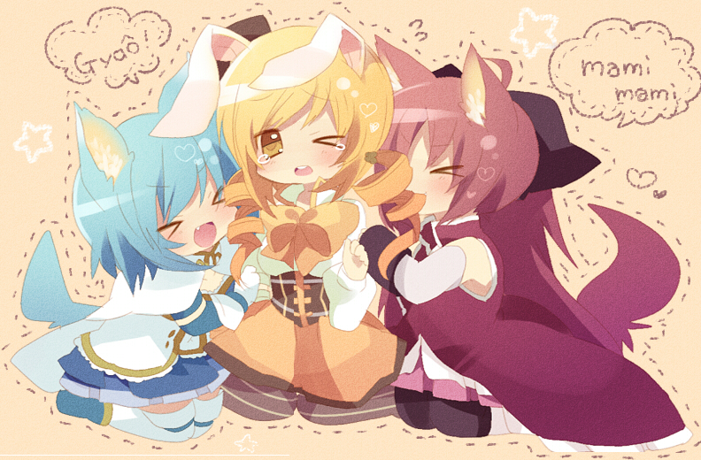 &gt;_&lt; animal_ears bad_id blonde_hair blue_hair bow bunny_ears dog_ears dog_tail drill_hair fang hair_in_mouth heart hetaling kemonomimi_mode mahou_shoujo_madoka_magica miki_sayaka open_mouth red_hair redhead revision sakura_kyouko shin_(hetaling) smile tail tears thighhighs tomoe_mami twin_drills wince wink xd yellow_eyes