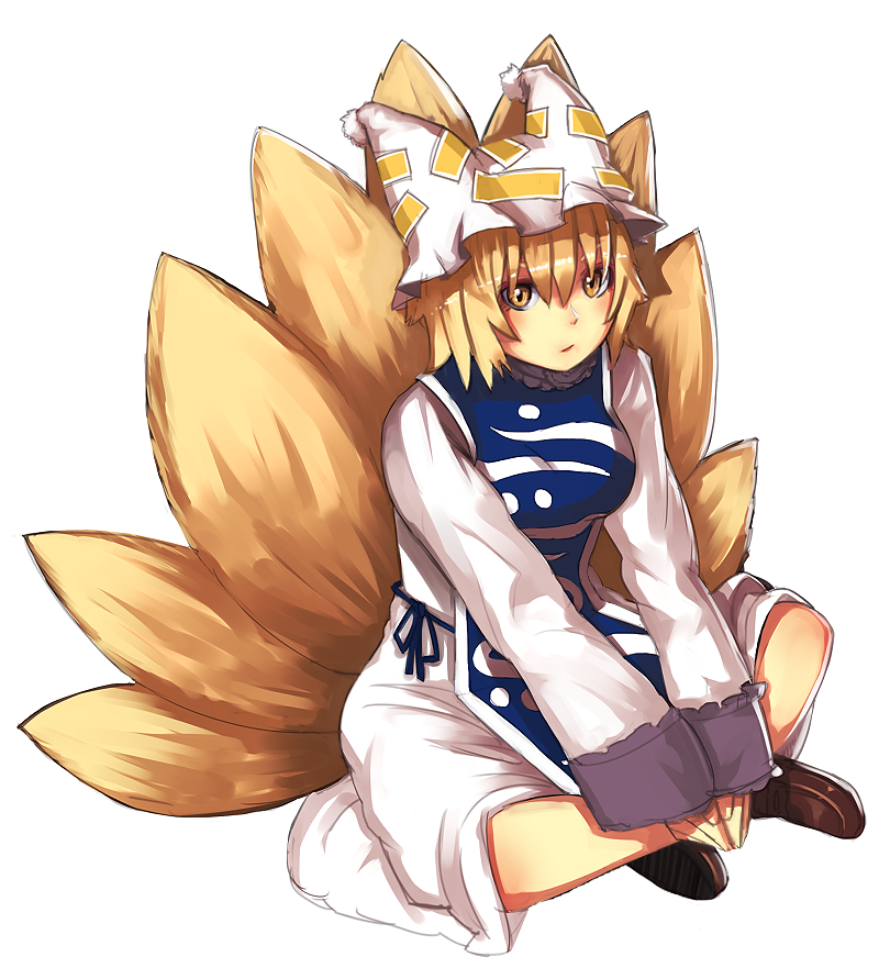 fox_tail hat indian_style lips looking_at_viewer multiple_tails nosuku shoes short_hair simple_background sitting tail touhou v_arms yakumo_ran yellow_eyes