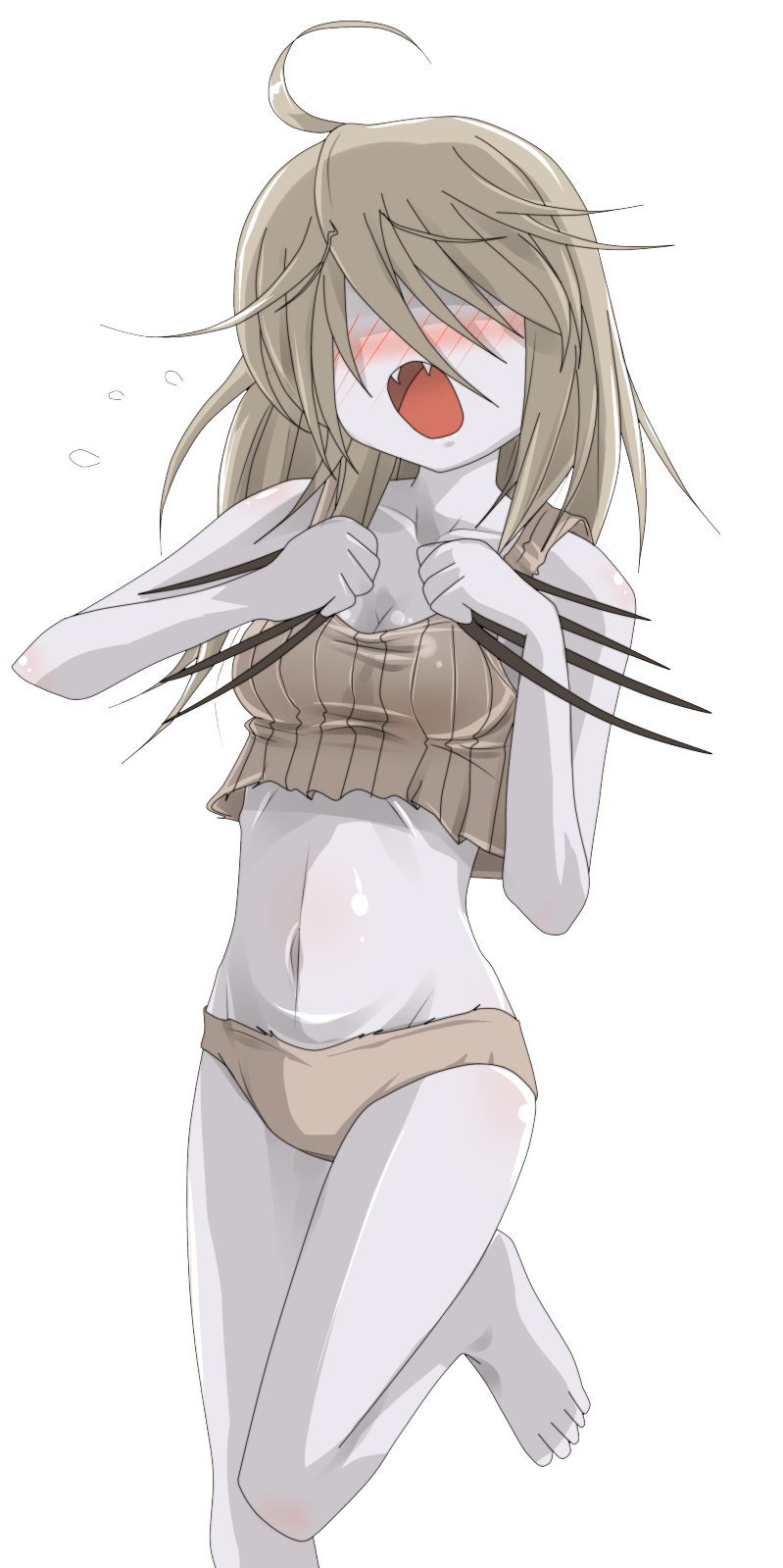 :o ahoge barefoot blush brown_hair claws embarrassed fangs feet hair_over_eyes hangaku highres left_4_dead long_hair navel no_eyes no_nose open_mouth pale_skin sharp_teeth simple_background transparent_background white_background witch_(left4dead)
