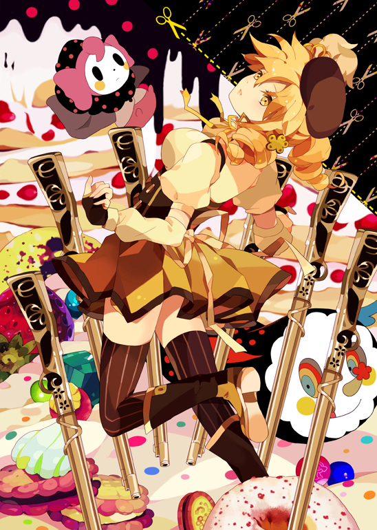 arched_back beret blonde_hair boots brown_legwear candy charlotte_(madoka_magica) chilbok corset detached_sleeves dotted_line dotted_outline doughnut drill_hair dual_persona fingerless_gloves from_behind gloves gun hair_ornament hairpin hat leg_up long_hair looking_back macaron magical_girl magical_musket mahou_shoujo_madoka_magica musket open_mouth pleated_skirt puffy_sleeves ribbon rifle scissors skirt sweets taut_shirt thigh-highs thighhighs tomoe_mami twin_drills vertical-striped_legwear vertical_stripes weapon witch's_labyrinth witch's_labyrinth yellow_eyes zettai_ryouiki