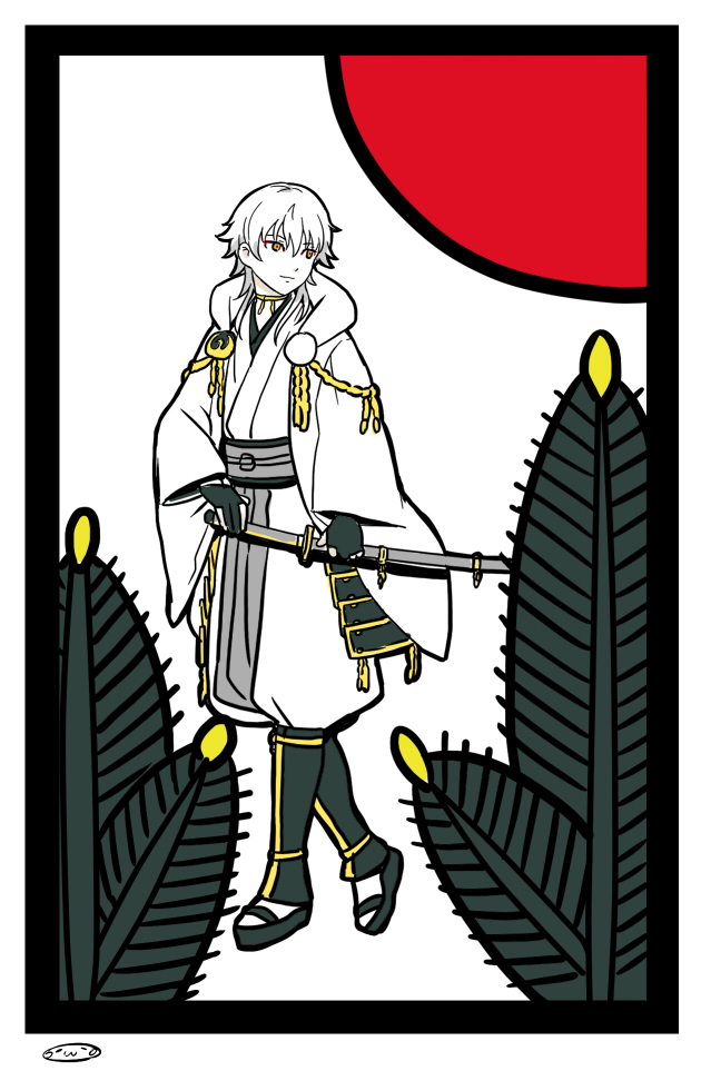 1boy black_gloves card_(medium) fingerless_gloves gloves hanafuda japanese_clothes katana kusazuri looking_back male_focus mizuhara_aki parody pine_tree red_sun sandals sheath sheathed short_hair silver_hair socks solo style_parody sword touken_ranbu tree tsurumaru_kuninaga walking weapon white_background yellow_eyes