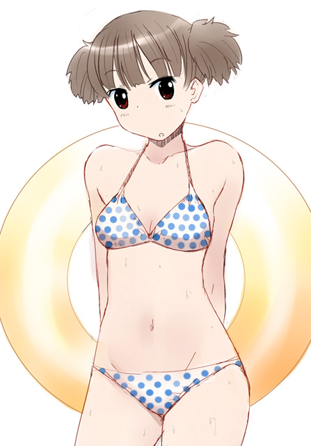 bikini brown_eyes brown_hair innertube k-on! katatsuka_kouji polka_dot polka_dot_bikini polka_dot_swimsuit short_hair short_twintails suzuki_jun swimsuit twintails