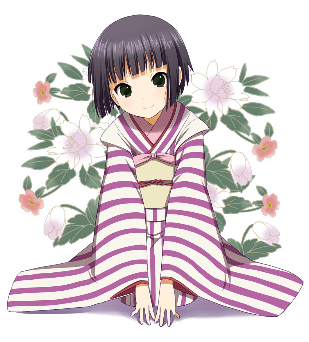 bad_id bangs black_hair blunt_bangs face flower green_eyes head_tilt ikoku_meiro_no_croisee japanese_clothes kimono looking_at_viewer mattaku_mosuke obi seiza shadow short_hair sitting smile solo striped white_background yune_(ikoku_meiro_no_croisee)