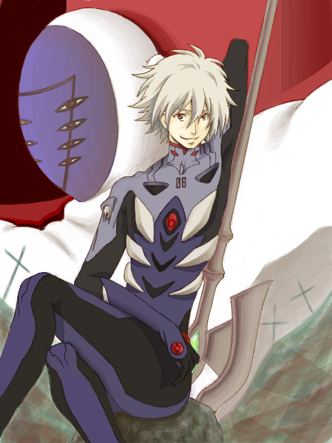 crossed_legs legs_crossed lilith_(evangelion) male nagisa_kaworu neon_genesis_evangelion plugsuit red_eyes silver_hair sitting smile solo tegaki