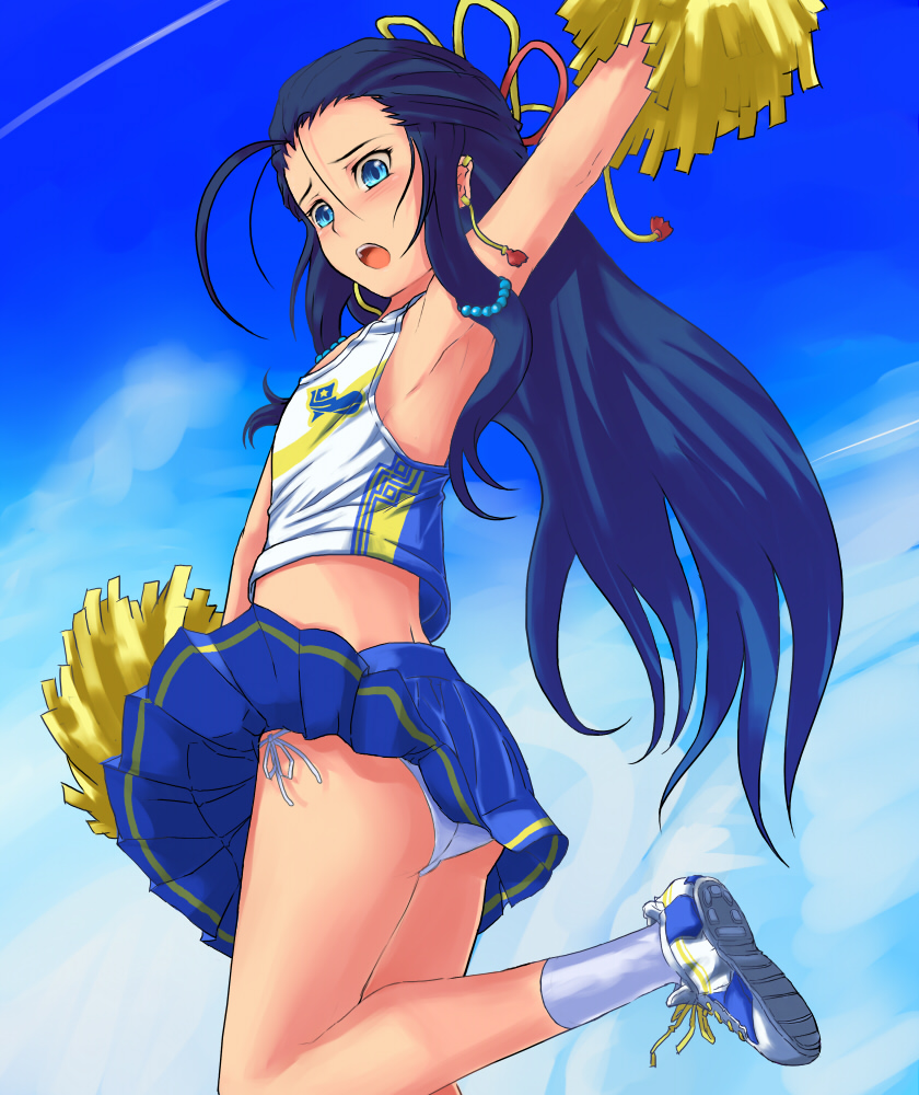 armpits arms_up blue_eyes blue_hair blush cheerleader crossdressing crossdressinging flat_chest long_hair panties pom_poms ribbon sangokushi_taisen skirt sky solo trap upskirt zhu_zhi