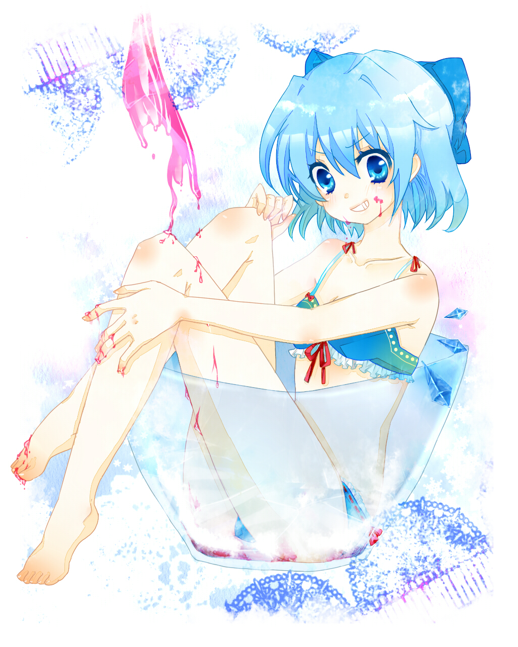 bad_id bare_shoulders barefoot bikini blue_eyes blue_hair bow cirno collarbone cup feet girl_in_a_cup grin hair_bow highres in_container in_cup messy nakata short_hair sitting smile solo swimsuit teeth touhou wings
