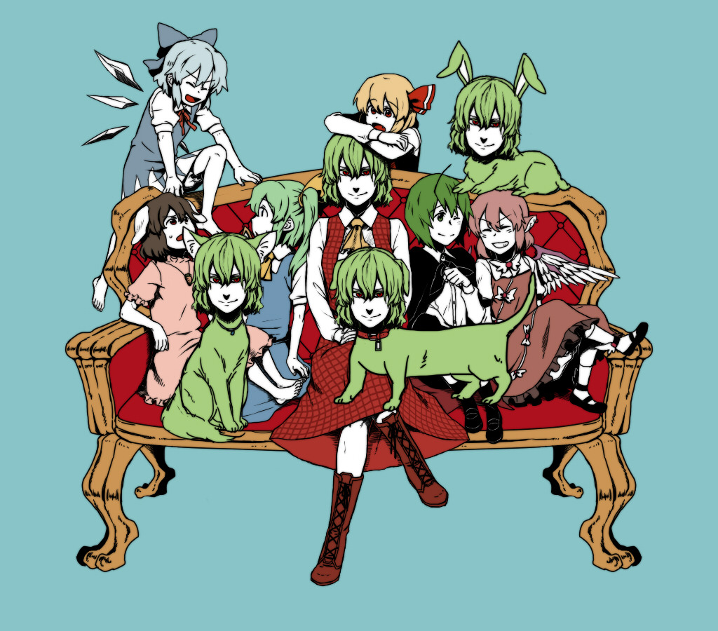 across_lap animal_ears animalization antennae aqua_background ascot barefoot blonde_hair blue_hair boots bow brown_hair bunny bunny_ears cape chin_on_head chin_rest cirno collar couch cross-laced_footwear crossed_legs daiyousei dog dog_ears dress green_hair grin hair_bow hands_clasped hands_on_lap high_contrast inaba_tewi kazami_yuuka lace-up_boots long_skirt mary_janes multiple_girls mystia_lorelei pink_hair plaid plaid_skirt plaid_vest rabbit red_eyes rumia shoes side_ponytail sitting skirt skirt_set smile smirk team_9 torinone touhou what wings wriggle_nightbug youkai