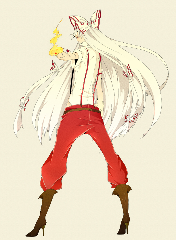 bad_id boots bow fire from_behind fujiwara_no_mokou hair_bow high_heels nail_polish outstretched_arm pants pilicapilira shoes simple_background solo standing suspenders touhou white_hair