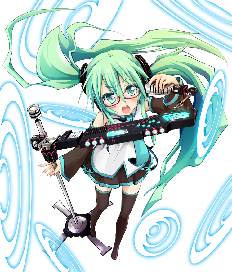 bespectacled detached_sleeves foreshortening glasses green_eyes green_hair hatsune_miku ichiju kuroneko_no_toorimichi long_hair microphone necktie ogami_kazuki open_mouth red-framed_glasses skirt solo thigh-highs thighhighs twintails very_long_hair vocaloid