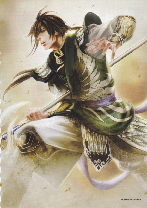 armored brown_hair dynasty_warriors grey_eyes jiang_wei koei male sangoku_musou shield solo spear warrior weapon wolfina