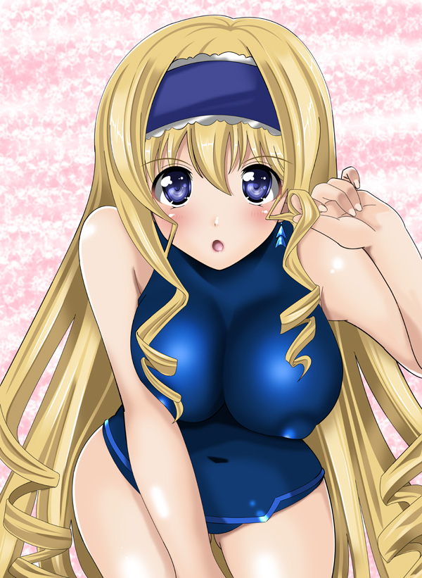 blue_eyes blush bodysuit breast breasts cecilia_alcott curly_hair earring hairband infinite_stratos kizaki_yuuri leotard long_hair open_mouth pilot_suit solo swimsuit