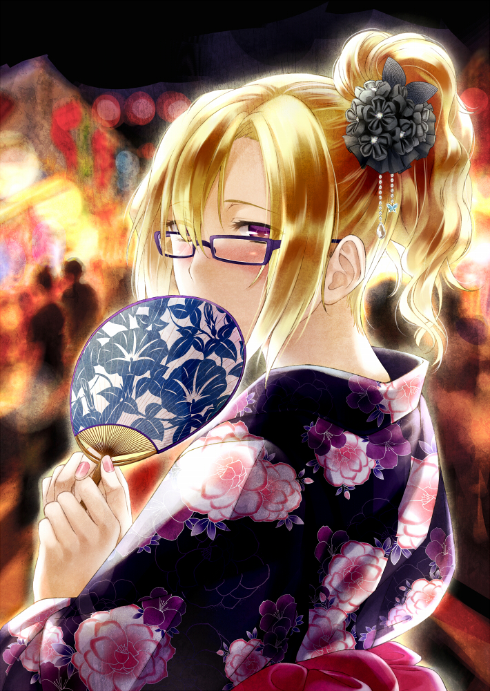 blonde_hair blush bust covering covering_face covering_mouth fan floral_print glasses hair_ornament hair_up japanese_clothes kimono kiryuu_moeka looking_back nail_polish nape nidoro paper_fan purple-framed_glasses purple_eyes solo steins;gate uchiwa violet_eyes