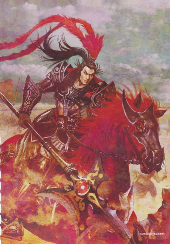 armor blade boots brown_hair clouds dynasty_warriors feather gloves hat helmet horse knight koei long_hair lu_bu male ponytail red_horse riding sangoku_musou shield sky spear warrior weapon