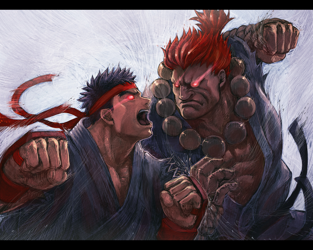 battle beads black_hair boyaking clenched_hand clenched_hands dougi evil_ryu evil_ryuu fist glowing glowing_eyes gouki headband jewelry letterboxed multiple_boys necklace open_mouth prayer_beads red_hair redhead ryuu_(street_fighter) short_hair street_fighter topknot