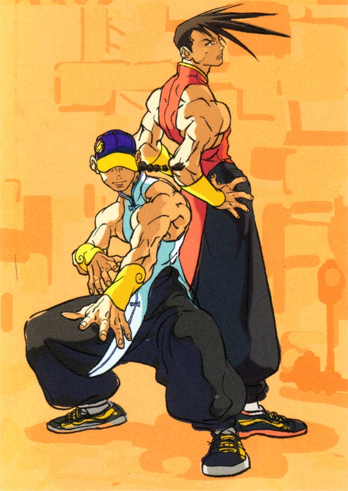 back-to-back baggy_pants baseball_cap braid bridal_gauntlets brothers brown_hair capcom chinese_clothes fighting_stance hat multiple_boys muscle nishimura_kinu official_art shoes siblings single_braid sleeveless sneakers street_fighter street_fighter_iii twins yang_lee yun_lee