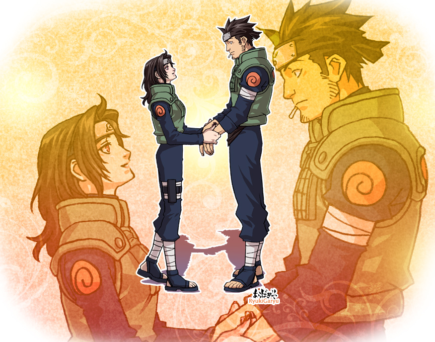 1girl arabagi bandage bandages black_hair cigarette couple eye_contact flak_jacket forehead_protector hand_holding holding_hands holster looking_at_another naruto sarutobi_asuma thigh_holster yuuhi_kurenai