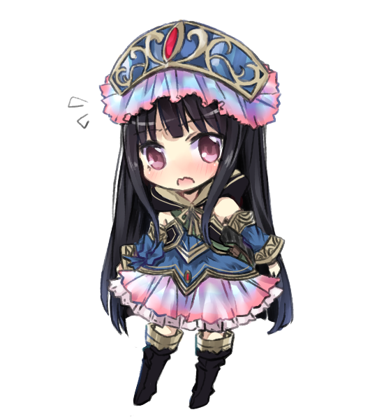 atelier atelier_meruru atelier_totori black_hair blush boots chibi cosplay detached_sleeves dress hat long_hair lowres maromi_(am97) mimi_houllier_von_schwarzlang open_mouth purple_eyes simple_background solo standing totooria_helmold totooria_helmold_(cosplay) very_long_hair violet_eyes wavy_mouth