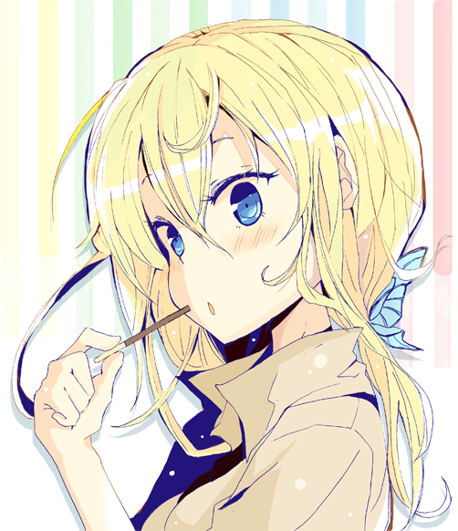 1girl blonde_hair blue_eyes blush boku_wa_tomodachi_ga_sukunai butterfly butterfly_hair_ornament face food hair_ornament hands kashiwazaki_sena long_hair open_mouth pocky school_uniform solo sukima_(crie)