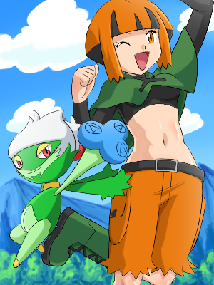 :d belly belly_button black_hair black_shirt boots brown_hair brown_pants gardenia green gym_leader midriff mountains natane_(pokemon) navel pokemon roserade shading smiling