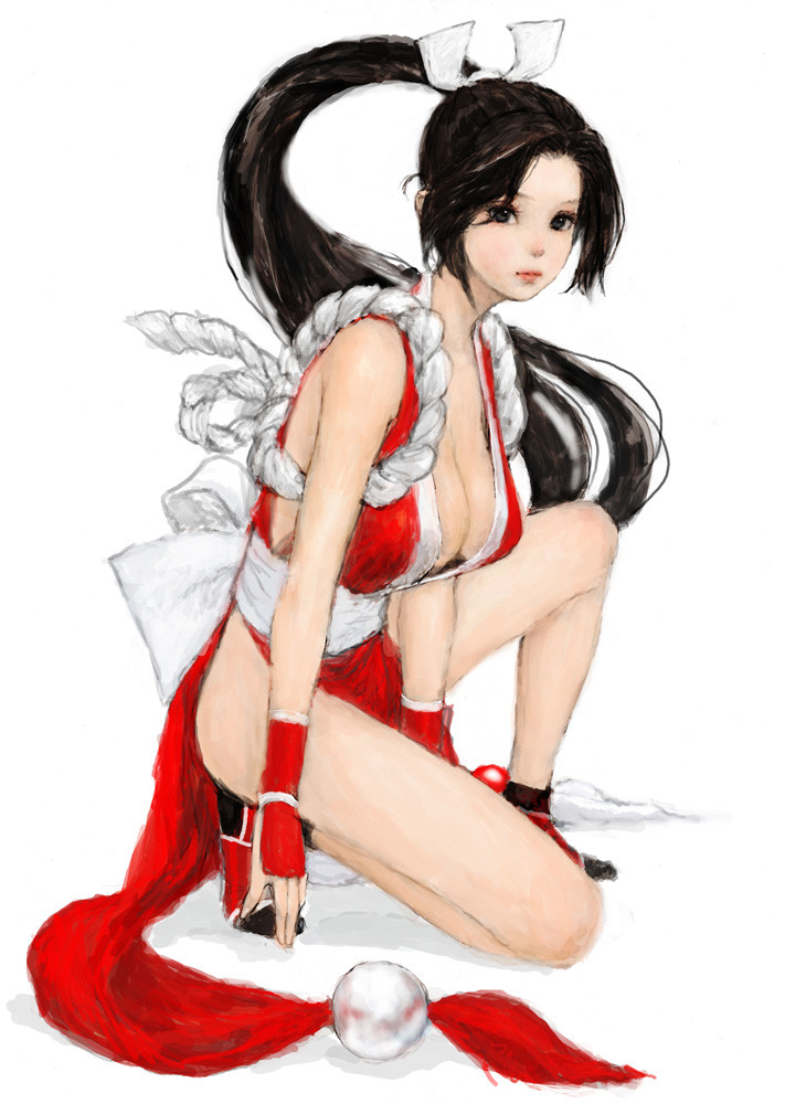 black_eyes black_hair breasts cleavage fatal_fury gloves japanese_clothes king_of_fighters kneeling legs long_hair obi pon ponytail revised revision ribbon rope shiranui_mai simple_background snk solo