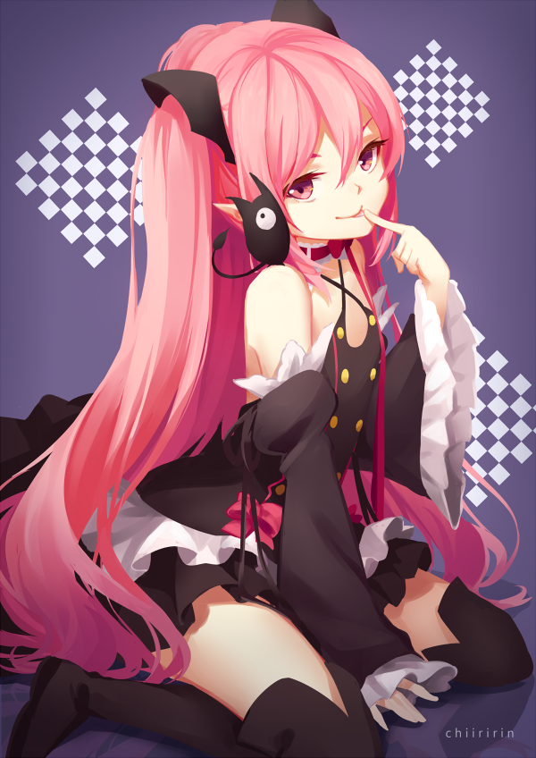 1girl :p animal animal_on_shoulder artist_name arukanu bare_shoulders bat black_dress black_legwear boots chiiririn detached_sleeves dress finger_to_mouth krul_tepes long_hair looking_at_viewer owari_no_seraph pink_eyes pink_hair pointy_ears smile solo thigh-highs thigh_boots tongue tongue_out two_side_up vampire very_long_hair