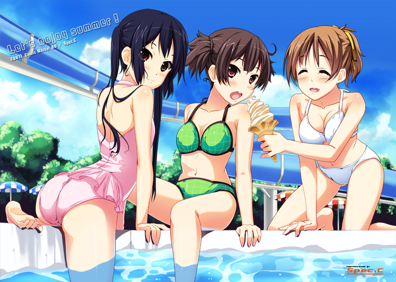 :d :o all_fours asakura_ryou_(artist) ass bare_shoulders barefoot bikini black_hair blue_sky blush breasts brown_eyes casual_one-piece_swimsuit cleavage closed_eyes english eyes_closed feeding flat_chest food hirasawa_ui ice_cream k-on! looking_at_viewer looking_back multiple_girls nakano_azusa navel one-piece_swimsuit open_mouth ponytail pool poolside red_eyes short_twintails sitting sky smile suzuki_jun swimsuit trefoil twintails water water_slide wet
