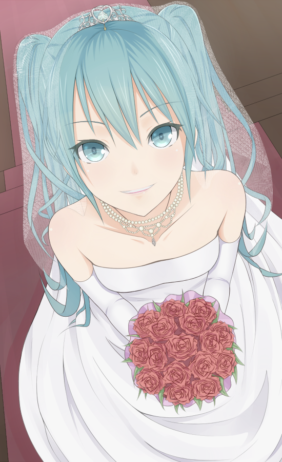 aqua_eyes aqua_hair bad_id bare_shoulders bouquet dress elbow_gloves flower from_above gloves hatsune_miku heisei_yutorin jewelry lips long_hair looking_up necklace red_rose rose shroud smile solo strapless_dress veil vocaloid wedding_dress wedding_shroud