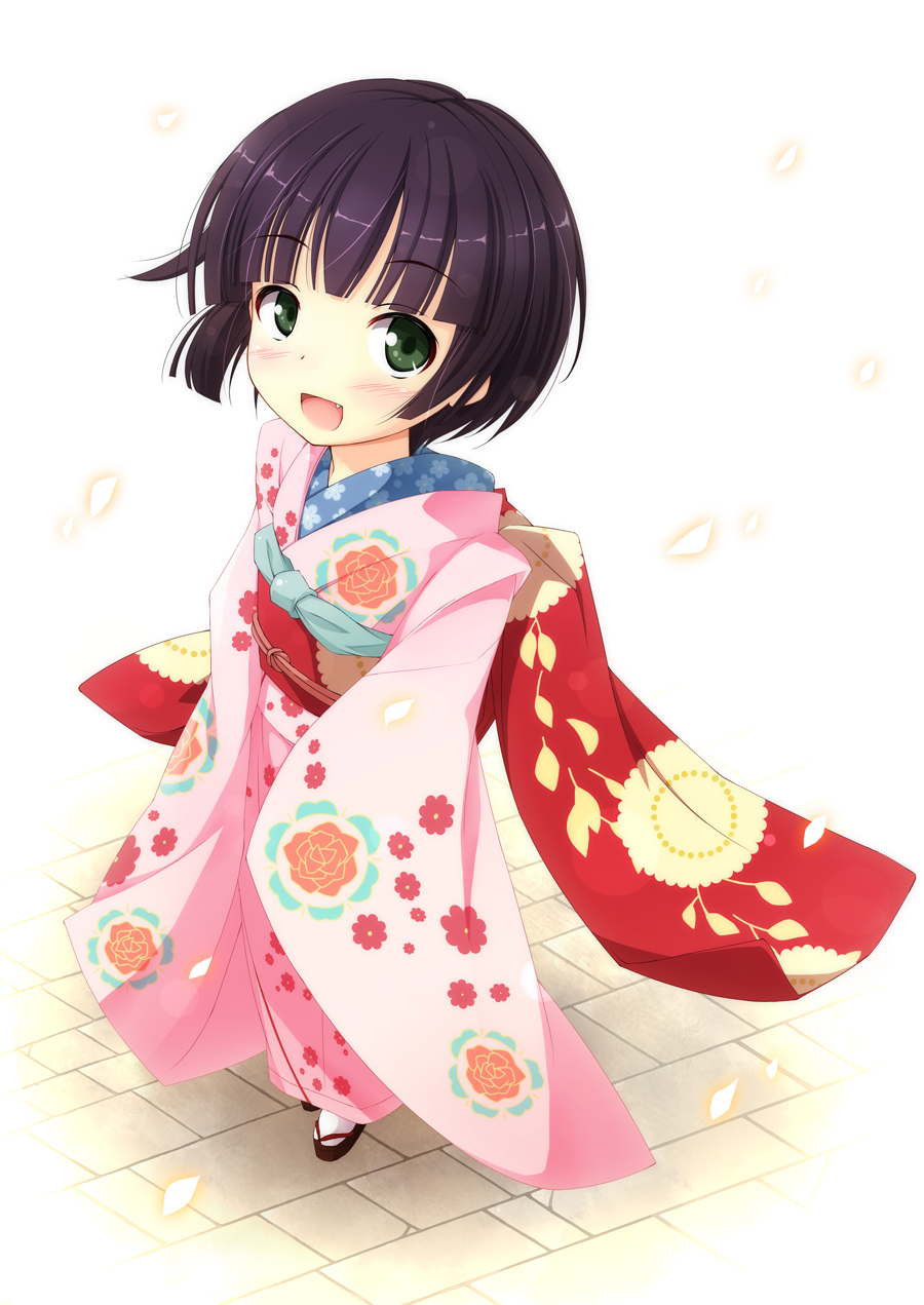 altivr black_hair fang floral_print green_eyes highres ikoku_meiro_no_croisee japanese_clothes kanzaki_sora kimono open_mouth sandals short_hair simple_background sleeves_past_wrists solo standing tabi yune_(ikoku_meiro_no_croisee)
