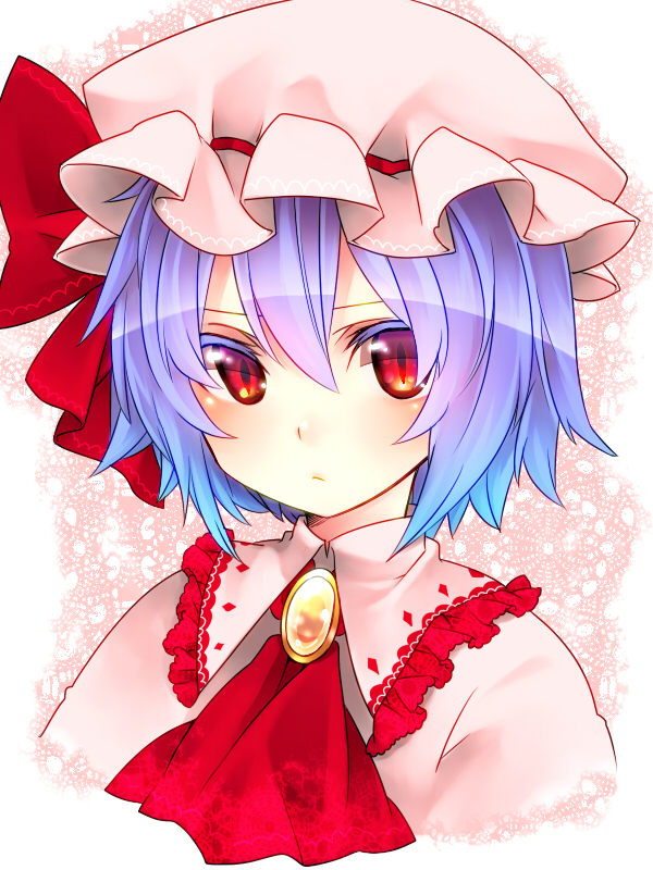 :&lt; :/ ascot bad_id blue_hair brooch colored_eyelashes face gradient_hair hat jewelry multicolored_hair portrait purple_hair red_eyes remilia_scarlet short_hair slit_pupils solo touhou yutazou
