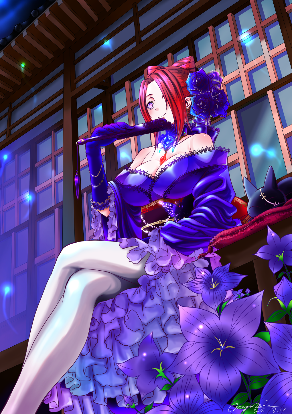 2015 architecture bare_shoulders bow breasts cat cleavage crossed_legs dress east_asian_architecture fan flower from_below hair_bow hair_flower hair_ornament highres jewelry maymi_(14262) necklace pantyhose pillow purple_dress purple_gloves redhead shingeki_no_bahamut signature stitches violet_eyes white_legwear