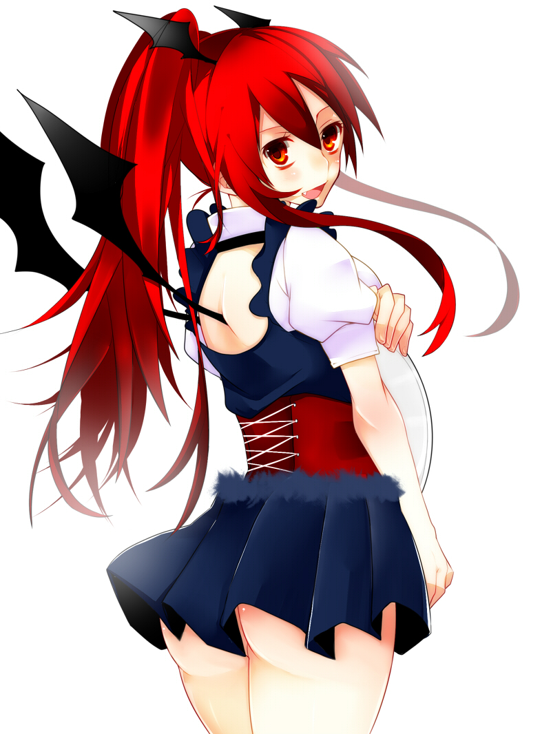 adapted_costume alternate_hairstyle ass bat_wings blush corset fang from_behind haine33 haine_(howling) head_wings koakuma long_hair looking_back miniskirt no_panties open_mouth payot ponytail red_eyes red_hair redhead simple_background skirt solo the_embodiment_of_scarlet_devil touhou tray wings