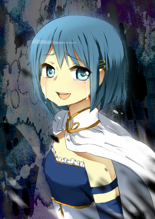 armband blue_eyes blue_hair cape crying crying_with_eyes_open hair_ornament hairclip kataro magical_girl mahou_shoujo_madoka_magica miki_sayaka short_hair smile solo tears