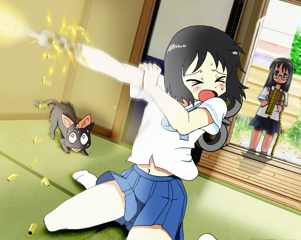 2 ammo_belt ammunition_belt atsuman_(hogumogu25) black_cat black_cat_(animal) black_eyes black_hair casing_ejection cat closed_eyes eyes_closed firing girls glasses long_hair midriff minakami_mai multiple_girls muzzle_flash navel nichijou open_mouth sakamoto_(nichijou) scared school_uniform shell_casing shinonome_nano short_hair sitting sweat wariza winding_key