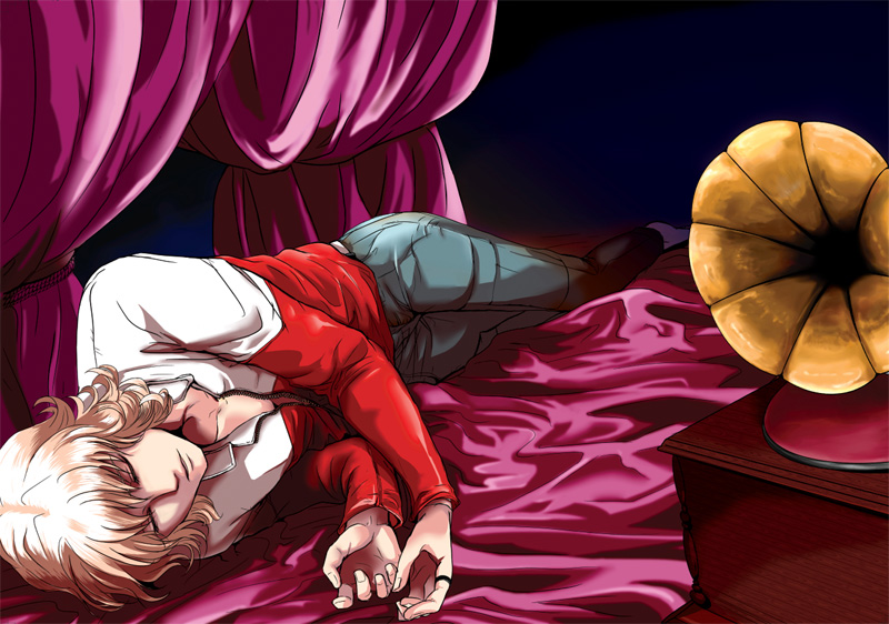barnaby_brooks_jr blonde_hair jacket jewelry male no_glasses phonograph rduuroorn red_jacket ring sleeping solo tiger_&amp;_bunny