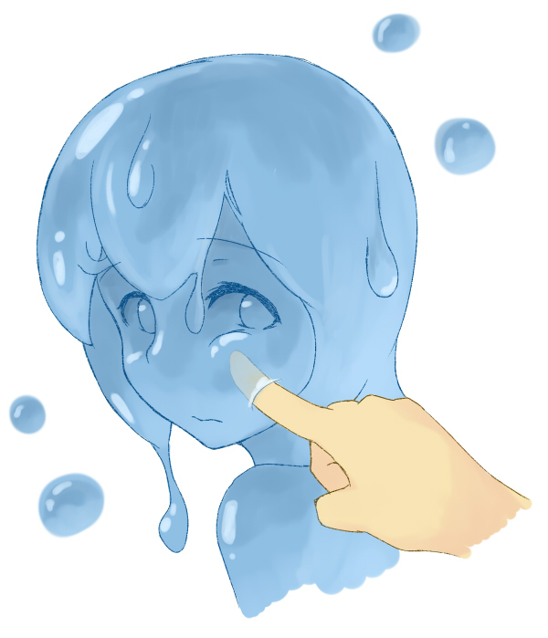 blue_eyes bust cheek_poke face from_behind goo_girl monster_girl nebusoku_(kedama-p) original poke poking slime slime_girl solo