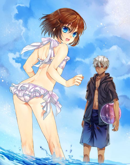 a_(shiei_no_sona-nyl) ass ball beachball bikini blue_eyes blue_sky brown_hair butt_crack dark_skin flat_chest frilled_bikini frills from_behind hooded_jacket hoodie lily_(shiei_no_sona-nyl) looking_back open_mouth red_eyes shiei_no_sona-nyl short_hair shorts side-tie_bikini silver_hair sky smile swimsuit tenkuu_sphere wading water