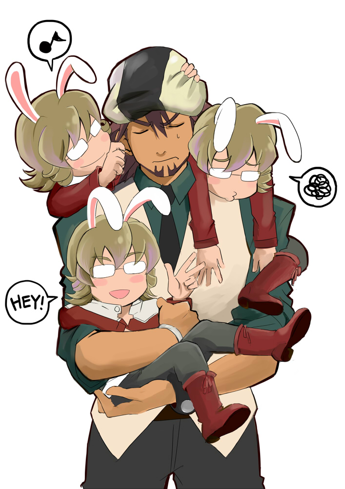 animal_ears annoyed artist_request barnaby_brooks_jr blonde_hair blush boots brown_hair bunny_ears cabbie_hat carrying chibi clone closed_eyes english eyes_closed facial_hair glasses hat jirou_(going!) kaburagi_t_kotetsu kemonomimi_mode male multiple_boys musical_note necktie person_over_shoulder short_hair source_request speech_bubble spoken_musical_note spoken_note spoken_squiggle squiggle stubble tiger_&amp;_bunny vest waistcoat watch word_balloon wristwatch