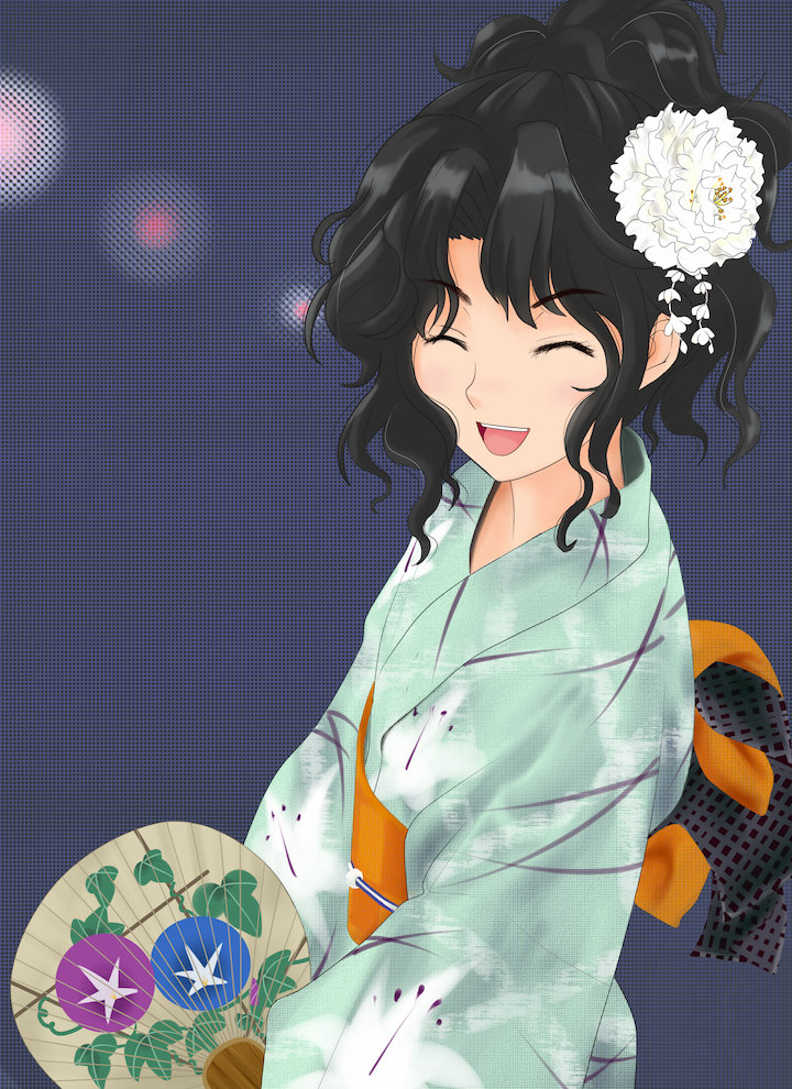 amagami coroske fan hair_ornament happy japanese_clothes kimono laughing ponytail smile solo tanamachi_kaoru yukata