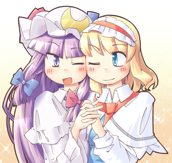 :d alice_margatroid arnest blonde_hair blue_eyes bust capelet cheek-to-cheek cheek_to_cheek crescent hairband hand_holding hands_clasped hat holding_hands interlocked_fingers long_hair multiple_girls open_mouth patchouli_knowledge purple_eyes purple_hair smile touhou violet_eyes wink