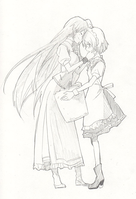 2girls apron bad_id blush full_body hand_to_face hands_on_another's_face hat head_to_head hong_meiling izayoi_sakuya long_hair maid maid_headdress monochrome multiple_girls side simple_background sketch standing the_embodiment_of_scarlet_devil touhou traditional_media ume_(plumblossom) wrist_cuffs