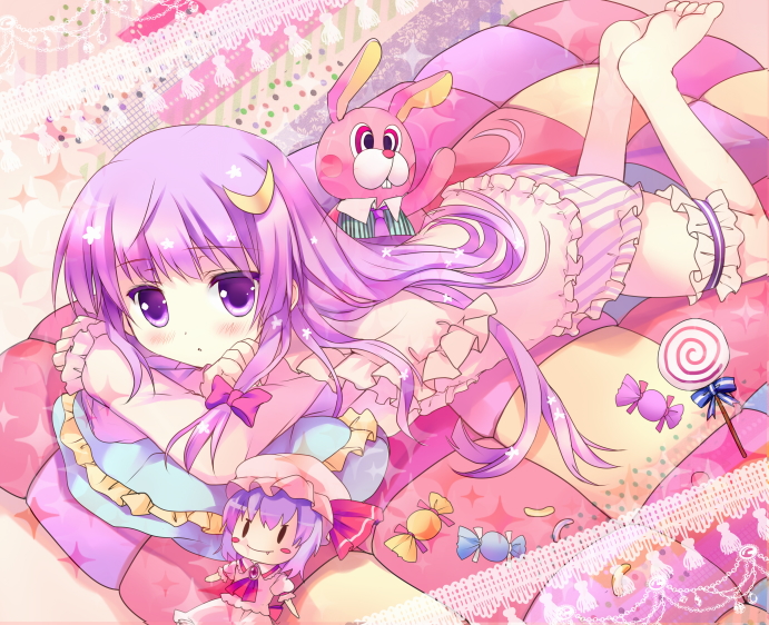 barefoot candy character_doll crescent leg_garter legs_up lollipop no_hat no_headwear on_stomach patchouli_knowledge purple_eyes purple_hair remilia_scarlet stuffed_animal stuffed_toy swirl_lollipop teddy touhou