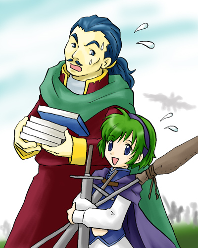 blue_eyes blue_hair books cape fire_emblem fire_emblem:_rekka_no_ken green_hair lance merlinus mustache nino_(fire_emblem) ponytail short_hair sweatdrop sword