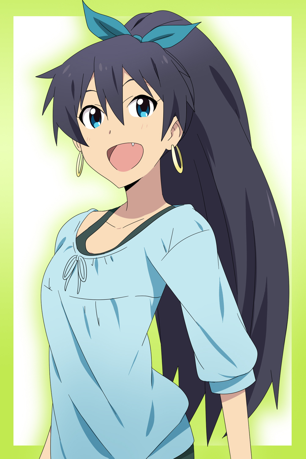 :d black_hair blue_eyes bow casual earrings fang ganaha_hibiki hair_bow highres idolmaster ikari_manatsu jewelry long_hair official_style open_mouth ponytail smile solo