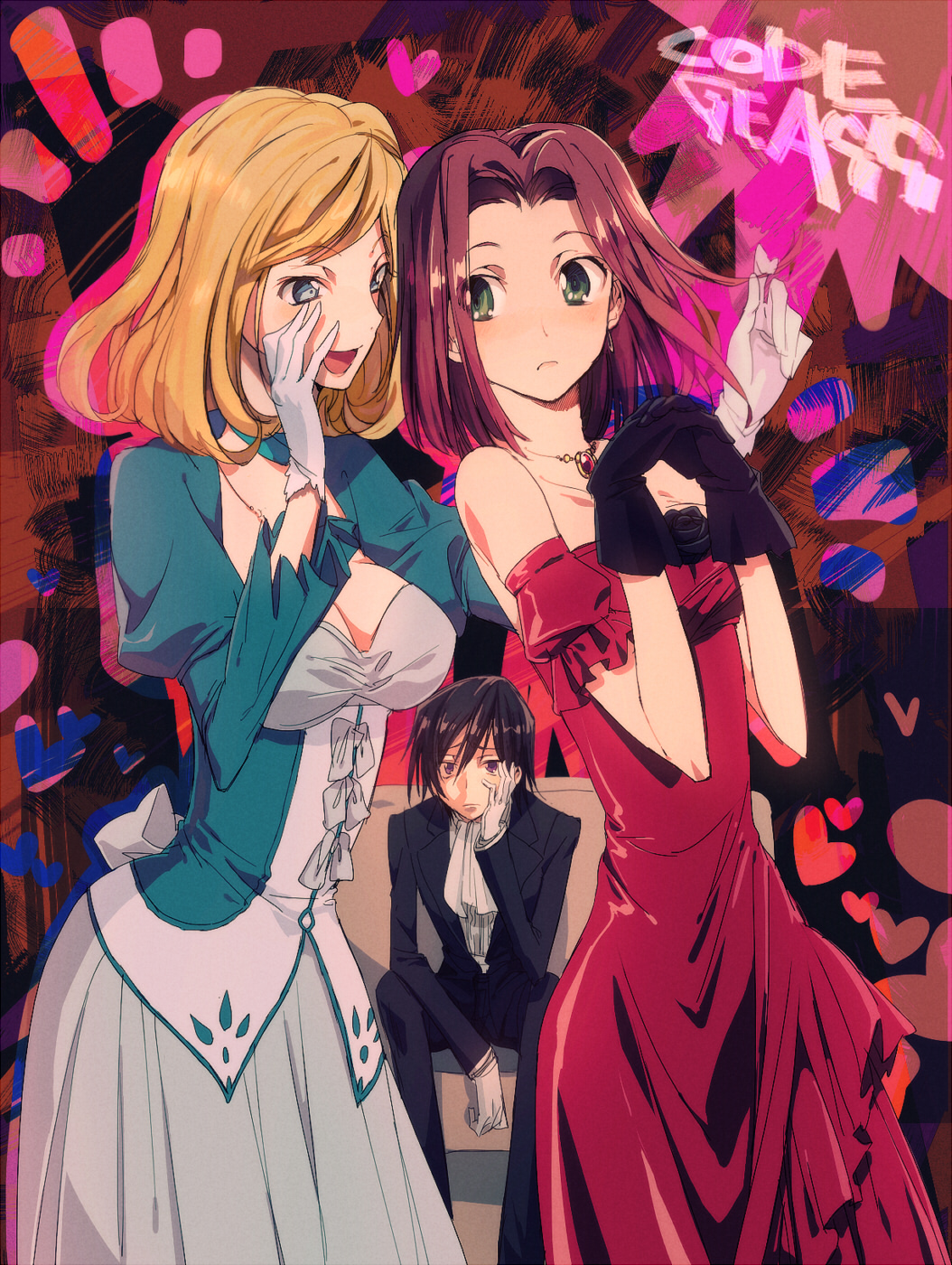 1boy aoki aoki_(fumomo) aoki_(pixiv60197) auburn_hair black_gloves blonde_hair blue_eyes blush bored breasts cleavage code_geass commentary_request couch dress evening_gown female flower formal gloves gossiping green_eyes heart highres jewelry kallen_stadtfeld lelouch_lamperouge long_hair male milly_ashford multiple_girls necklace open_mouth pink_hair red_dress red_hair sitting suit tuxedo whispering white_gloves