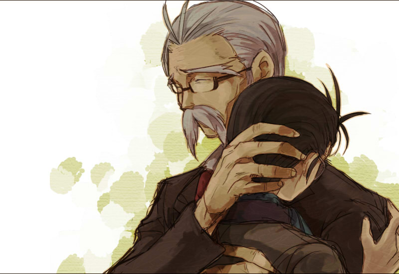 facial_hair glasses hug mustache nanjou_kei persona persona_1 tenchi11 white_hair yamaoka_(persona)