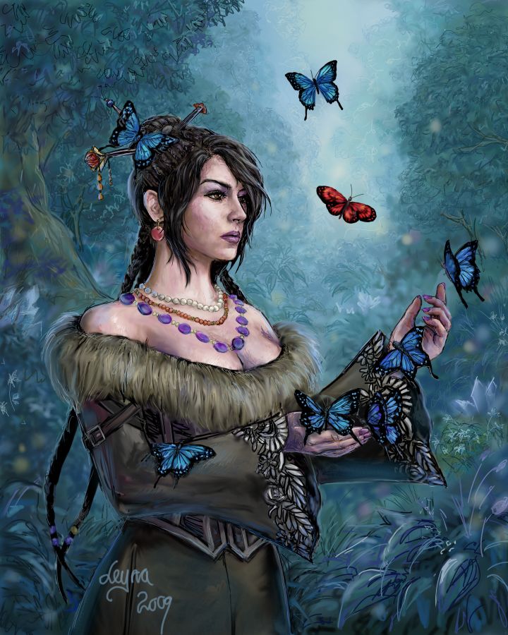 bare_shoulders black_hair braids butterfly deviantart dress earring final_fantasy final_fantasy_x flower gothic jewelry long_hair lulu nail_polish solo tree