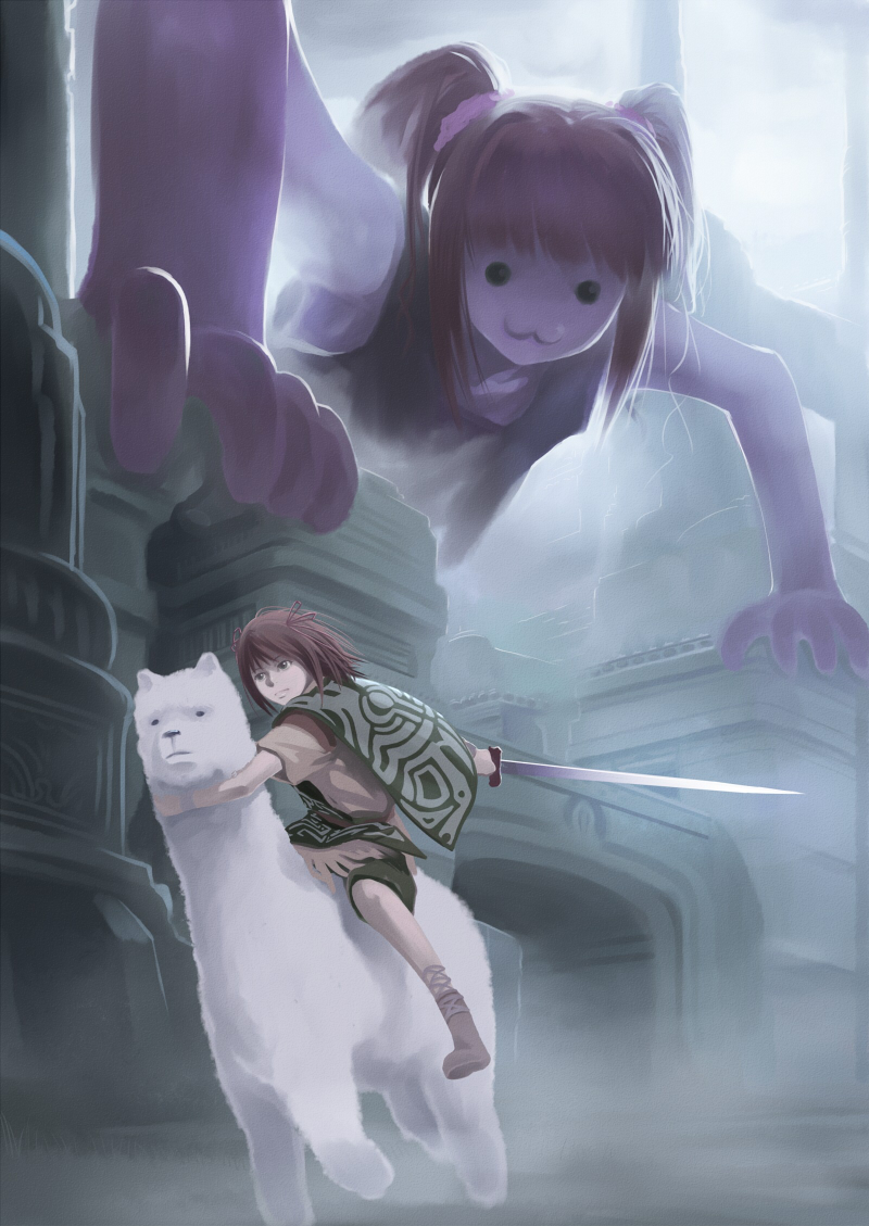 aerodog alpaca amami_haruka animal black_eyes brown_hair giant giantess idolmaster inu_(aerodog) llama parody riding shadow_of_the_colossus short_hair surcoat sword takatsuki_yayoi twintails weapon what