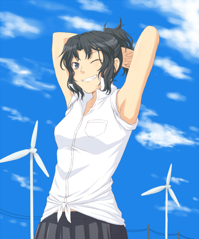 alternate_hairstyle amagami armpits open_collar ponytail school_uniform sky smile solo tanamachi_kaoru toki_(artist) windmill wink